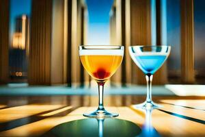 twee bril van cocktails Aan een tafel in voorkant van een stadsgezicht. ai-gegenereerd foto