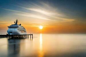 een reis schip aangemeerd Bij de pier Bij zonsondergang. ai-gegenereerd foto