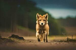 een klein bruin hond wandelen Aan een aarde weg. ai-gegenereerd foto