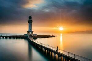 een vuurtoren is gezien in de zonsondergang over- de water. ai-gegenereerd foto