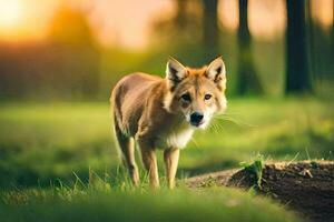 een rood vos is staand in de gras. ai-gegenereerd foto