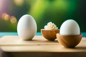 drie eieren zitten in houten kommen Aan een tafel. ai-gegenereerd foto