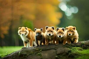 een groep van vier honden staand Aan een logboek. ai-gegenereerd foto