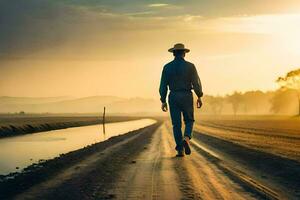 een Mens in een hoed wandelingen naar beneden een aarde weg. ai-gegenereerd foto