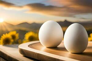 twee wit eieren Aan een houten tafel met zonnebloem in de achtergrond. ai-gegenereerd foto