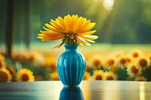 een blauw vaas met geel bloemen Aan een tafel. ai-gegenereerd foto