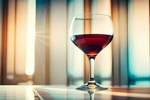 een glas van rood wijn Aan een tafel in voorkant van een venster. ai-gegenereerd foto