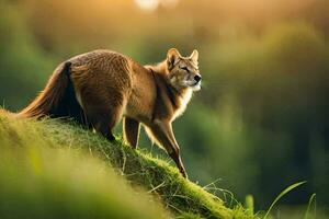 een vos staand Aan een met gras begroeid heuvel. ai-gegenereerd foto
