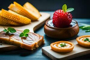 een houten bord met een aardbei, brood en een stuk van taart. ai-gegenereerd foto