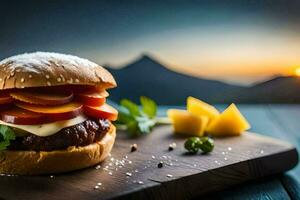 een Hamburger met kaas en groenten Aan een houten bord. ai-gegenereerd foto