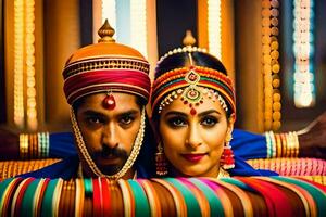 een Mens en vrouw in traditioneel Indisch kleding. ai-gegenereerd foto