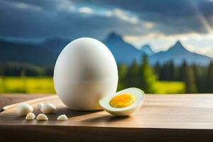 een gekookt ei Aan een tafel met een berg in de achtergrond. ai-gegenereerd foto