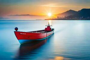 een rood boot in de oceaan Bij zonsondergang. ai-gegenereerd foto