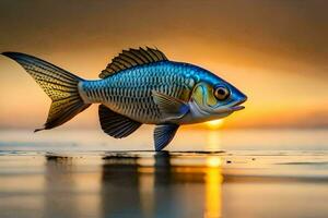 een vis is wandelen Aan de strand Bij zonsondergang. ai-gegenereerd foto
