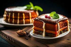 twee cakes met suikerglazuur en bessen Aan een houten tafel. ai-gegenereerd foto