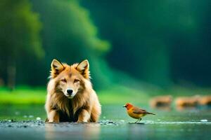 een hond en een vogel in de water. ai-gegenereerd foto