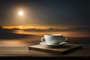 een kop van koffie Aan een houten tafel met de zon instelling achter het. ai-gegenereerd foto