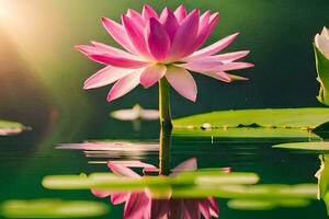 roze lotus bloem in de water met groen bladeren. ai-gegenereerd foto