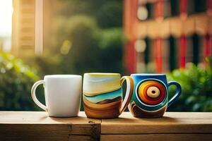 drie koffie mokken zittend Aan een houten tafel. ai-gegenereerd foto