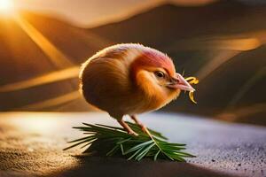 een klein vogel is staand Aan een blad. ai-gegenereerd foto