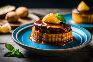 twee klein desserts Aan een blauw bord. ai-gegenereerd foto