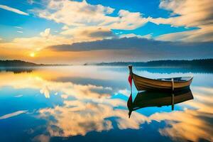 een boot is drijvend Aan een kalmte meer Bij zonsondergang. ai-gegenereerd foto