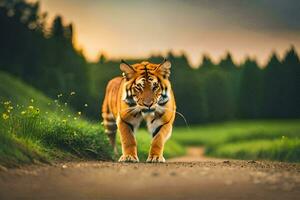 een tijger wandelen naar beneden een weg in de midden- van een veld. ai-gegenereerd foto