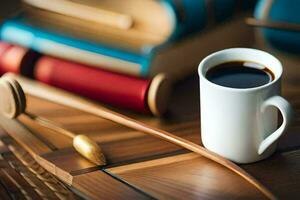 een kop van koffie en een houten lepel Aan een tafel. ai-gegenereerd foto