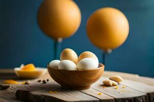 eieren in een kom Aan een houten tafel. ai-gegenereerd foto