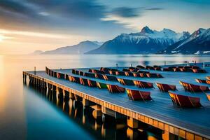 een pier met stoelen en bergen in de achtergrond. ai-gegenereerd foto