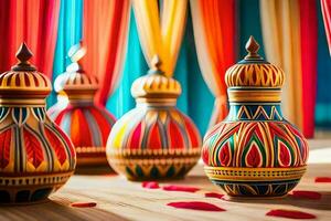 kleurrijk vazen Aan een houten tafel met rood en oranje gordijnen. ai-gegenereerd foto