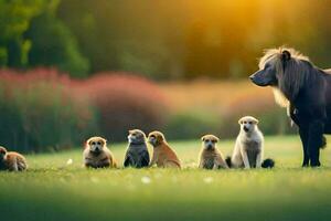 een paard en haar puppy's in een veld. ai-gegenereerd foto