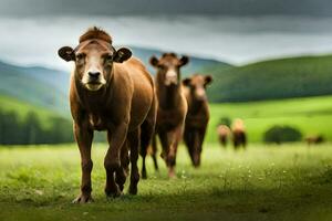 een groep van bruin koeien wandelen in de gras. ai-gegenereerd foto