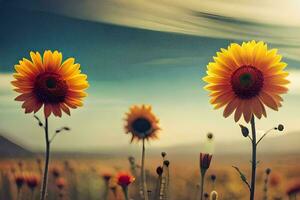 zonnebloemen in de veld, veld, zonnebloem, veld, veld, veld, veld. ai-gegenereerd foto