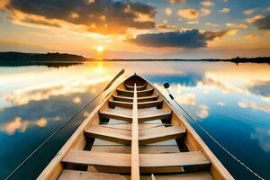 een boot is drijvend Aan de water Bij zonsondergang. ai-gegenereerd foto