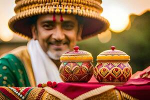 een Mens in traditioneel Indisch kleding is Holding twee potten. ai-gegenereerd foto