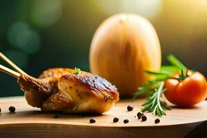 kip Aan een houten snijdend bord met eetstokjes. ai-gegenereerd foto