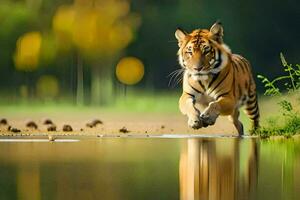 een tijger rennen aan de overkant de water in de wild. ai-gegenereerd foto