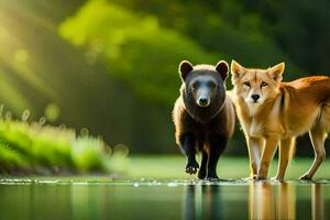 twee bruin bears staand De volgende naar elk andere in de water. ai-gegenereerd foto