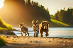 drie dieren wandelen langs de kust van een meer. ai-gegenereerd foto