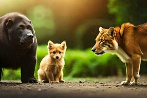 een bruin beer, een bruin hond en een bruin kat. ai-gegenereerd foto