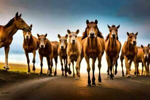 een kudde van paarden wandelen naar beneden een weg. ai-gegenereerd foto