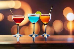 drie verschillend gekleurde cocktails Aan een tafel. ai-gegenereerd foto