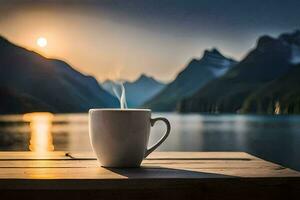 een kop van koffie Aan een houten tafel met uitzicht een meer en bergen. ai-gegenereerd foto