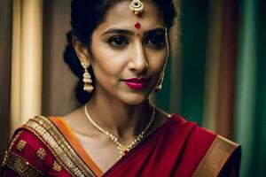 een vrouw in een rood sari met goud sieraden. ai-gegenereerd foto
