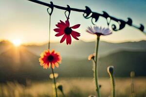 foto behang de lucht, bloemen, de zon, bloemen, de veld, de bergen, de. ai-gegenereerd