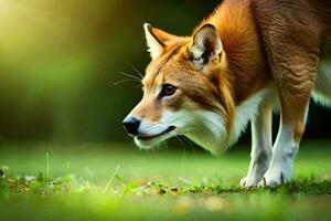 een rood hond is staand in de gras. ai-gegenereerd foto