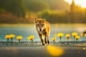 foto behang de zon, bloemen, de Woud, de wolf, de dier, de dier,. ai-gegenereerd