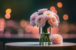 roze bloemen in een vaas Aan een tafel. ai-gegenereerd foto