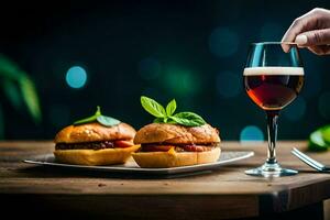 een persoon Holding een glas van wijn en twee hamburgers. ai-gegenereerd foto